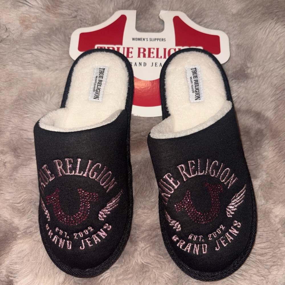 True Religion Black Slip-On Logo Footbed Slides
